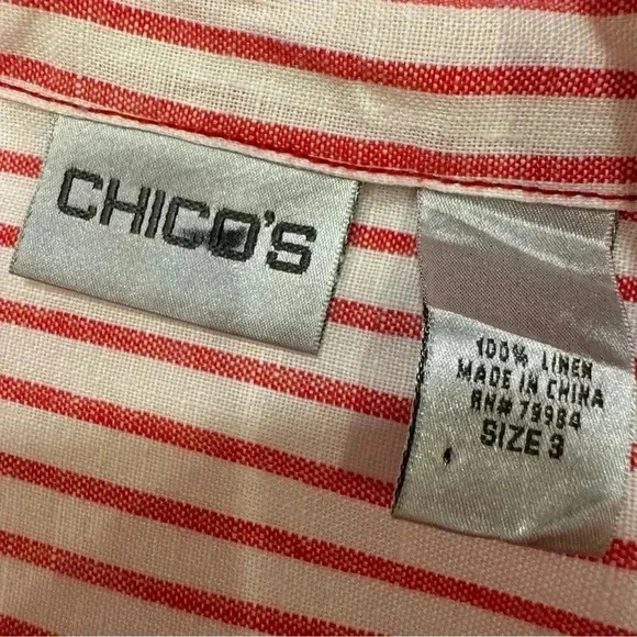 Chico’s LINEN Button Down Pink/white Stripe Shirt W/Pockets/metal Buttons Sz XL - Picture 3 of 7